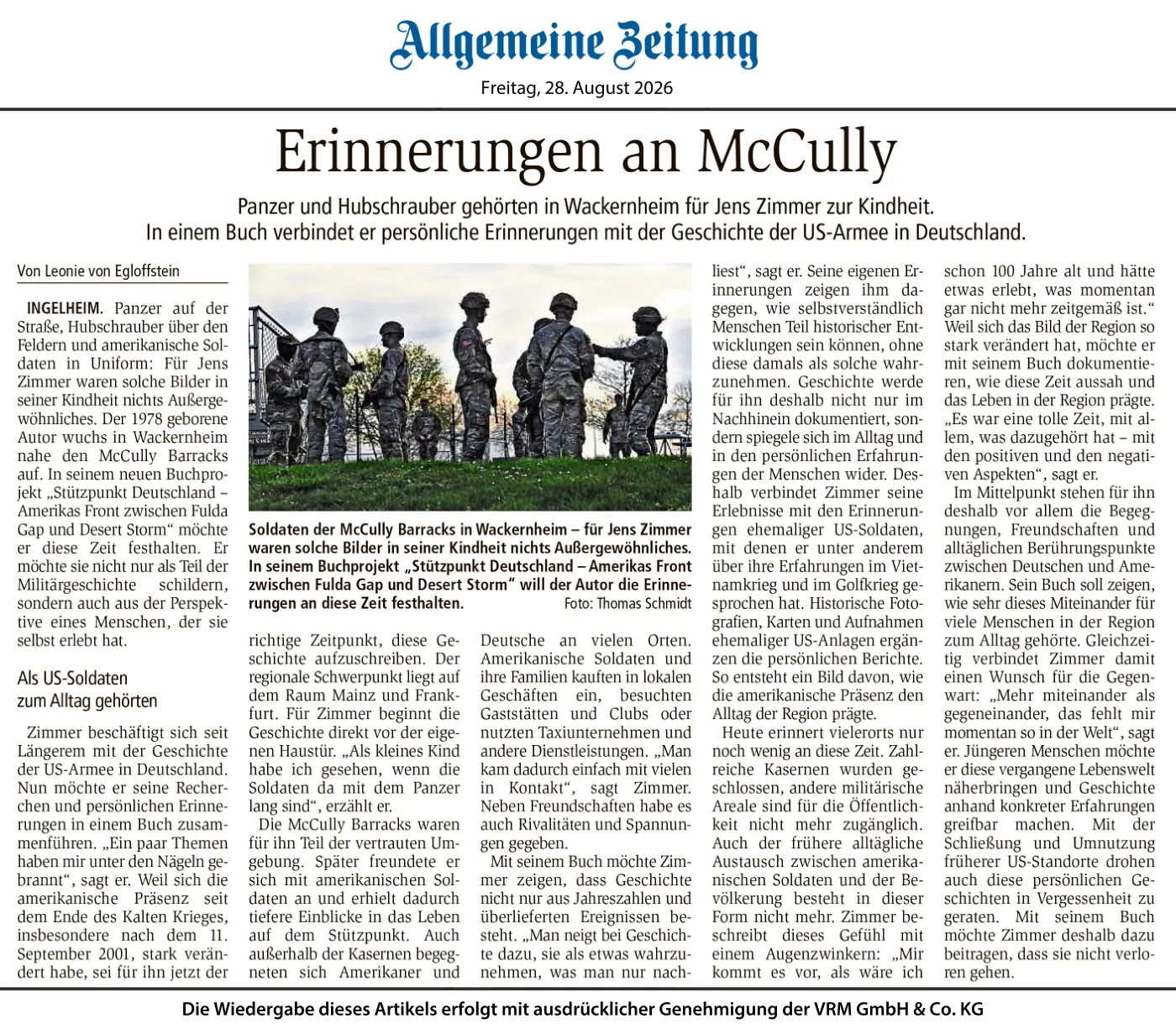 Zeitungsseite der Allgemeinen Zeitung vom 28. August 2026: „Erinnerungen an McCully“ – Porträt von Jens Zimmer und seinem Buch „Stützpunkt Deutschland“, Text Leonie von Egloffstein, Foto Thomas Schmidt.
